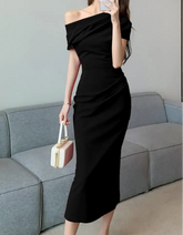 BXOXO Elegant Off Shoulder Evening Party Dresses Women Summer Fashion Slim One Piece Solid Vestidos Korean Graduation Robe Clothing